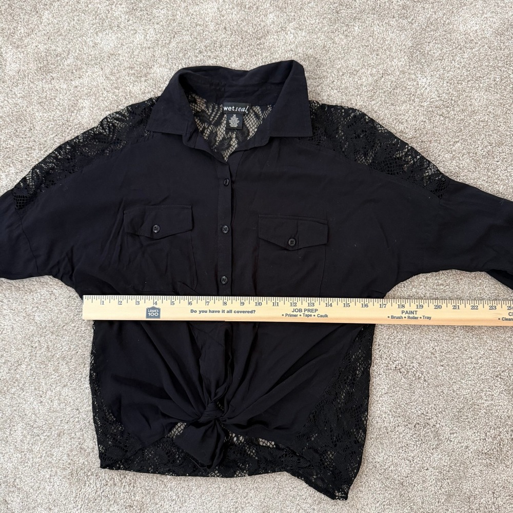 VTG Wet Seal Black Lace Collared Button Front Tie Waist Shirt‎ Womens Size M - Picture 8 of 10